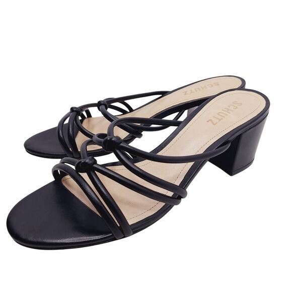 Schutz Princey Sandal 8.5 Strappy Black Block Kitten Heel Open Toe Knotted Black - Picture 1 of 10